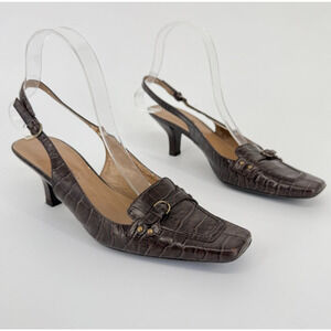Vtg Bandolino Womens Loafer Kitten Heels Y2K Size 7 M Croc Embossed Slingback